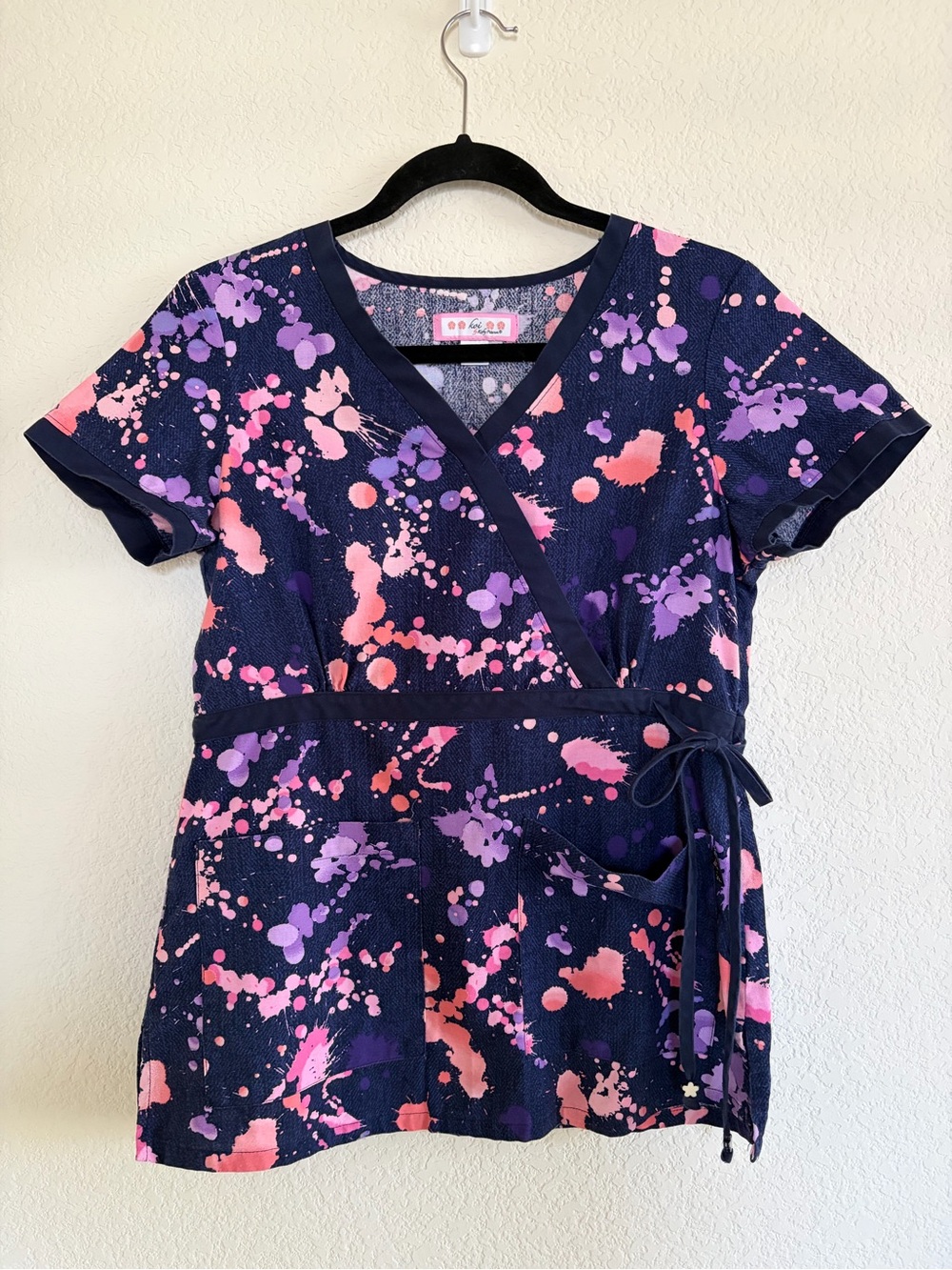 Women's Navy Wrap Short-Sleeve Tee with Pink & Purple Splash Print